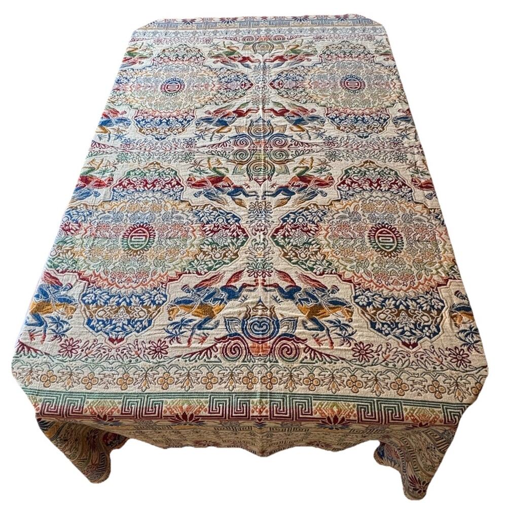 Vtg Algier Italian Tablecloth Embroidered Tapestry Persian Style 78.7" x 98.4"